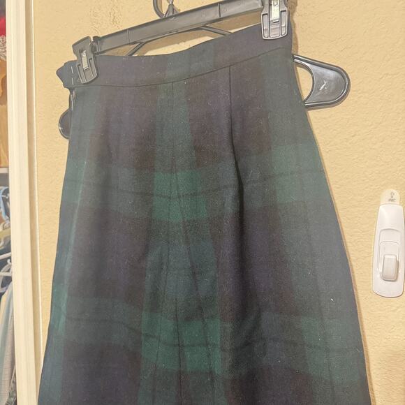 Vintage Pure Wool Plaid Skirt Green Navy Blue Homemade Tartan Midi Size XS - Picture 2 of 7